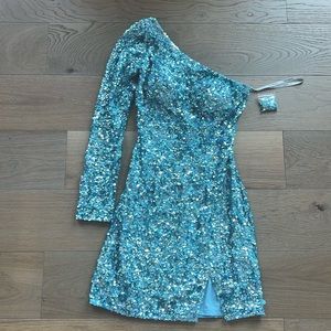 Sherri Hill Blue Sequin One Shoulder Dress